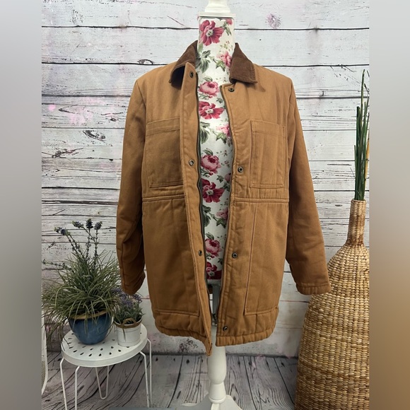 ASOS Design Oversized Denim Wadded Jacket with Cord Collar in Camel US 6 - Picture 4 of 11